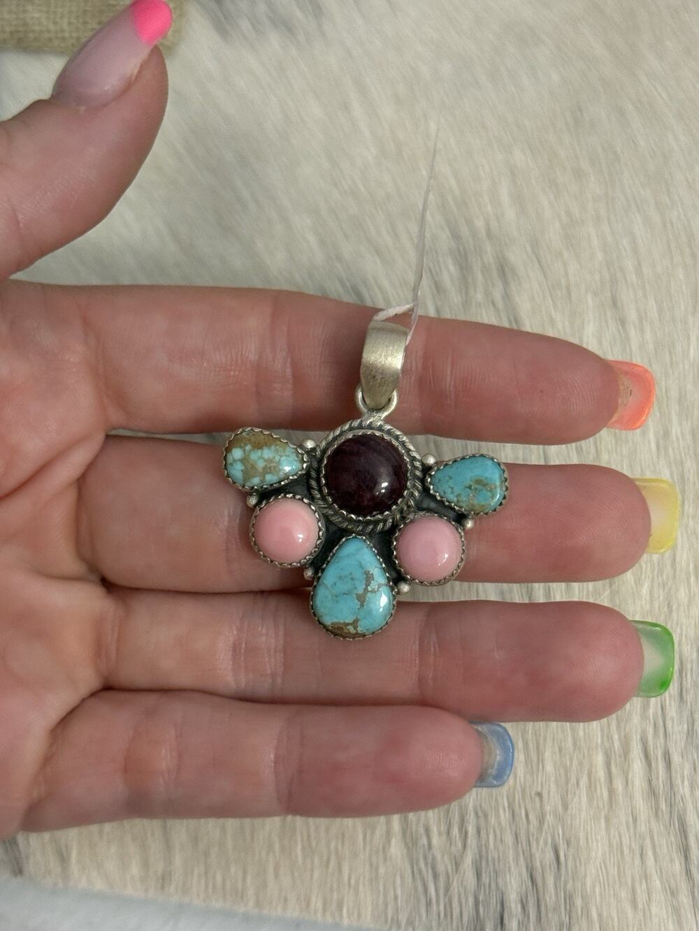 Sterling Silver Pink Conch Purple Spiny Number 8 Turquoise Half Cluster Pendant